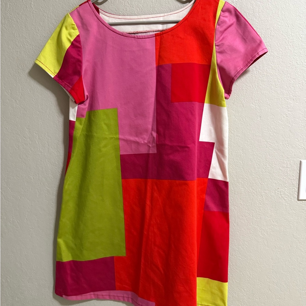 Colorblock Geometric Shift Dress – Pink/Red/Lime, Size M (Unbranded)